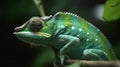 Green colored chameleon catching insect, slow motion, close up