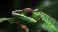 Green colored chameleon catching insect, slow motion, close up