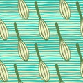 Green colored corolla ornament seamless pattern. Doodle simple kitchen elements on background with blue strips