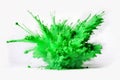 A green colored explosion of powder on a white background cut out on white background