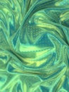 Green colored iridescent wavy fabric with a metallic pattern of shiny circles. 3d rendering digital illustration