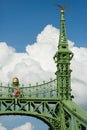 Budapest famous Freedom Bridge detail, green painted iron base, crown and shield with crest, and golden apple with bird Royalty Free Stock Photo