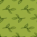 Green colored seamless botanic pattern with simple outline contoured leaf branches. Natue print