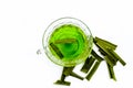 Green colored tea of lemon grass in a transparent cup isolated on white used in many ayurvedic treatments.