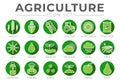 Green Colorful Agriculture Round Icon Set of Wheat, Corn, Soy, Tractor, Sunflower, Fertilizer, Sun, Water, Growth, Weather, Rain,