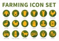 Green Colorful Round Farming or Farm Icon Set of Sheep, Pig, Cow, Goat, Horse, Rooster, Goose, Chicken, Egg, Milk, Farmer,