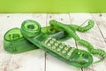 Green colorful vintage telephone over a white wooden table Royalty Free Stock Photo