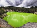 A green-coloured geothermally active lake in the Wai-O-Tapu park in New Zealand under moody clouds