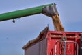 Green combine harvester machine unloading sorghum into a red trailer truck. sorghum harvest in summer. Sunny blue sky Royalty Free Stock Photo