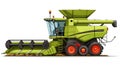 Green combine harvester with red wheels, used for harvesting crops, depicted against a white background