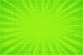 Green comic background. Art pop cartoon light backdrop. Halftone effect pattern. Fun anime texture. Starburst manga style bg