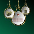 Green composition of abstract Christmas balls with silhouettes of bells and a burning candle with a gold border.