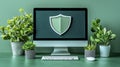 Green Computer Setup with Plant Decor and Shield Icon