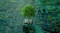 Green computing depicted as a tree sprouting at the convergence of a computer circuit board, Ai Generated Royalty Free Stock Photo