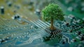 Green computing depicted as a tree sprouting at the convergence of a computer circuit board, Ai Generated Royalty Free Stock Photo