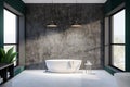 Green and concrete bathroom interior, round tub Royalty Free Stock Photo