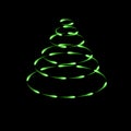 Green cone made by fireflies, modern christmas tree icon, dark background