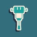 Green Construction jackhammer icon isolated on green background. Long shadow style. Vector