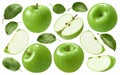 Green cooking apples set isolated on white background. Whole fruit , slices and leaves Royalty Free Stock Photo