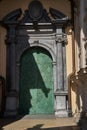 green copper church door with beautiful sharp shadows Royalty Free Stock Photo