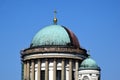 Green copper plated cupola roofing in process of replacement with shiny new red copper. renovation concept Royalty Free Stock Photo