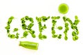 Green copy for greeny smoothy composition with vegetables on white background top view mockup Royalty Free Stock Photo