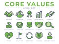 Green Core Values Retro Icon Set. Integrity, Leadership, Quality and Development, Creativity, Accountability, Simplicity,