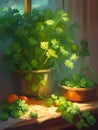 green coriander plant in a pot with a window