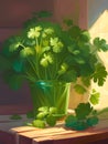 green coriander plant in a pot with a window