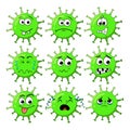 Green corona virus character with sad expression face. Coronavirus vector illustration with facial expression big set isolated on