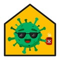 Green coronavirus. Stop panic. Covid-19. Funny cartoon character with emotion. Glad, smile. Coffee, sunglasses. Vector