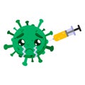 Green coronavirus with a vaccine. Covid-19. Funny cartoon character with emotion. Sadness, tears, chagrin. Vector illustration