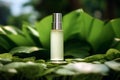 Green cosmetics, bottle of cosmetic serum or moisturizer on nature background. Organic natural ingredients beauty product among