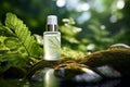 Green cosmetics, bottle of cosmetic serum or moisturizer on nature background. Organic natural ingredients beauty product among