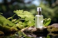 Green cosmetics, bottle of cosmetic serum or moisturizer on nature background. Organic natural ingredients beauty product among