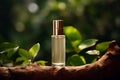 Green cosmetics, bottle of cosmetic serum or moisturizer on nature background. Organic natural ingredients beauty product among