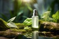 Green cosmetics, bottle of cosmetic serum or moisturizer on nature background. Organic natural ingredients beauty product among