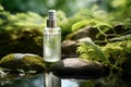 Green cosmetics, bottle of cosmetic serum or moisturizer on nature background. Organic natural ingredients beauty product among
