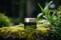 Green cosmetics, jar of cosmetic moisturizer cream on nature background. Organic natural ingredients beauty product among green