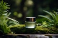 Green cosmetics, jar of cosmetic moisturizer cream on nature background. Organic natural ingredients beauty product among green