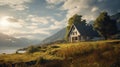 Serene Mountain Lake House: Unreal Engine Landscape With Golden Light