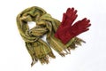 Green cotton scarf with brown gloves Royalty Free Stock Photo