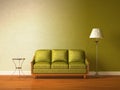 Green couch with table and standard lamp
