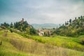 The green countryside around the clock tower