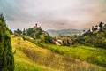 The green countryside around the clock tower