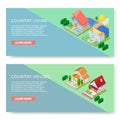 Green countryside - set of vector illustrations with place for your text. Two banners on living in country theme with Royalty Free Stock Photo