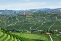 Green countryside with vineyards and Serralunga Alba town in Italy Royalty Free Stock Photo