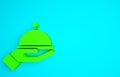 Green Covered with a tray of food icon isolated on blue background. Tray and lid sign. Restaurant cloche with lid Royalty Free Stock Photo