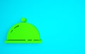 Green Covered with a tray of food icon isolated on blue background. Tray and lid sign. Restaurant cloche with lid Royalty Free Stock Photo