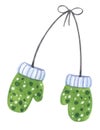 Green cozy children gloves. Winter hand drawn watercolor illustration